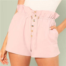 Load image into Gallery viewer, Belted High Waist Button Up Elastic Shorts.