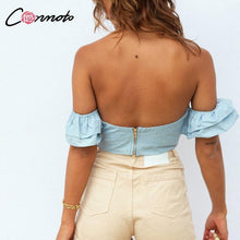 Load image into Gallery viewer, Camis Ruffle Lace Up Elegant Blue Crop Top

