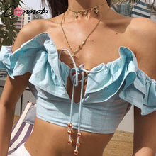 Load image into Gallery viewer, Camis Ruffle Lace Up Elegant Blue Crop Top
