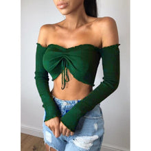Load image into Gallery viewer, Frill Bardot Off Shoulder Ribbed Long Sleeve Crop Tops

